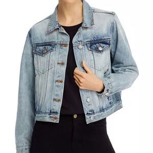 Aqua Womens Button Front Paisley Panel Trim Crop Trucker denim Jacket Blue Small